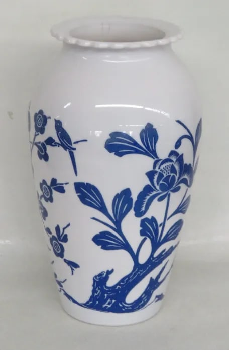 Anchor Hocking Blue Birds Cherry Blossoms Milk Glass Vase - 2