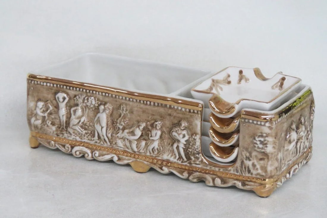 Capodimonte Italy Ceramic Cigarette Holder With 4 Personal Ashtrays - 13