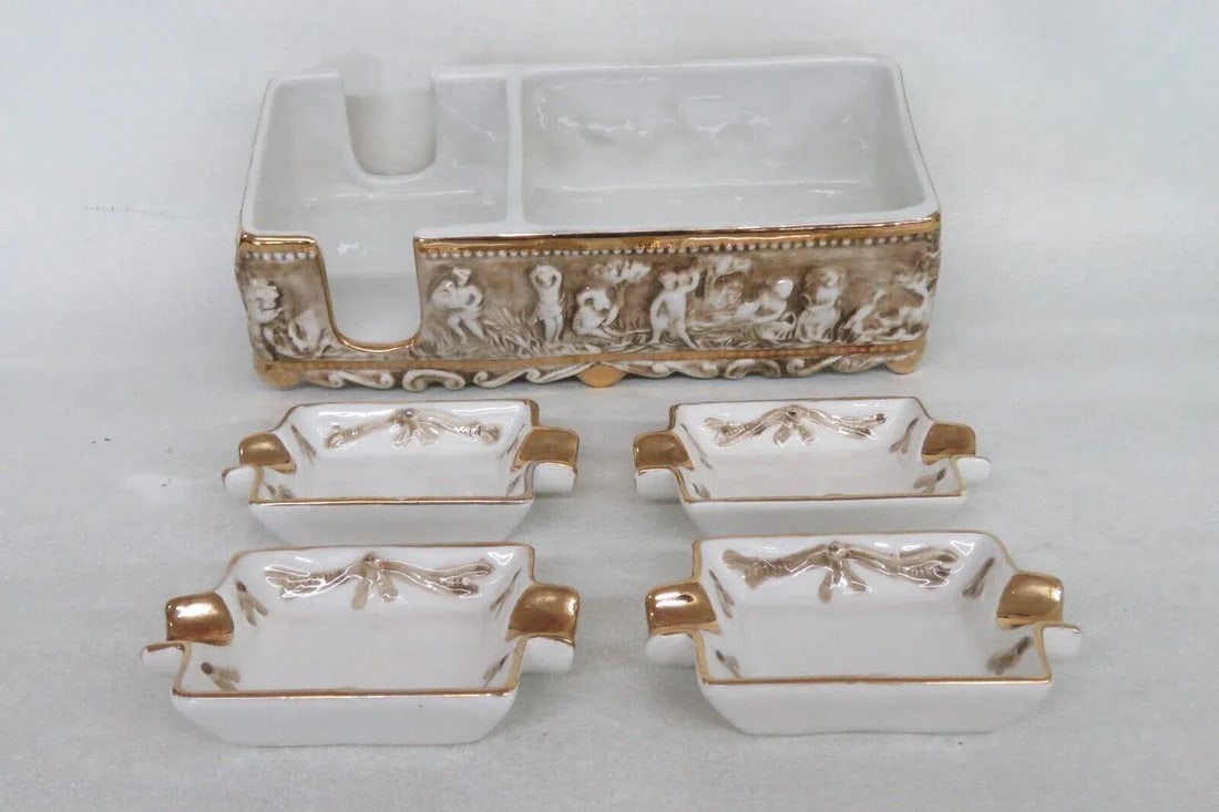 Capodimonte Italy Ceramic Cigarette Holder With 4 Personal Ashtrays - 5