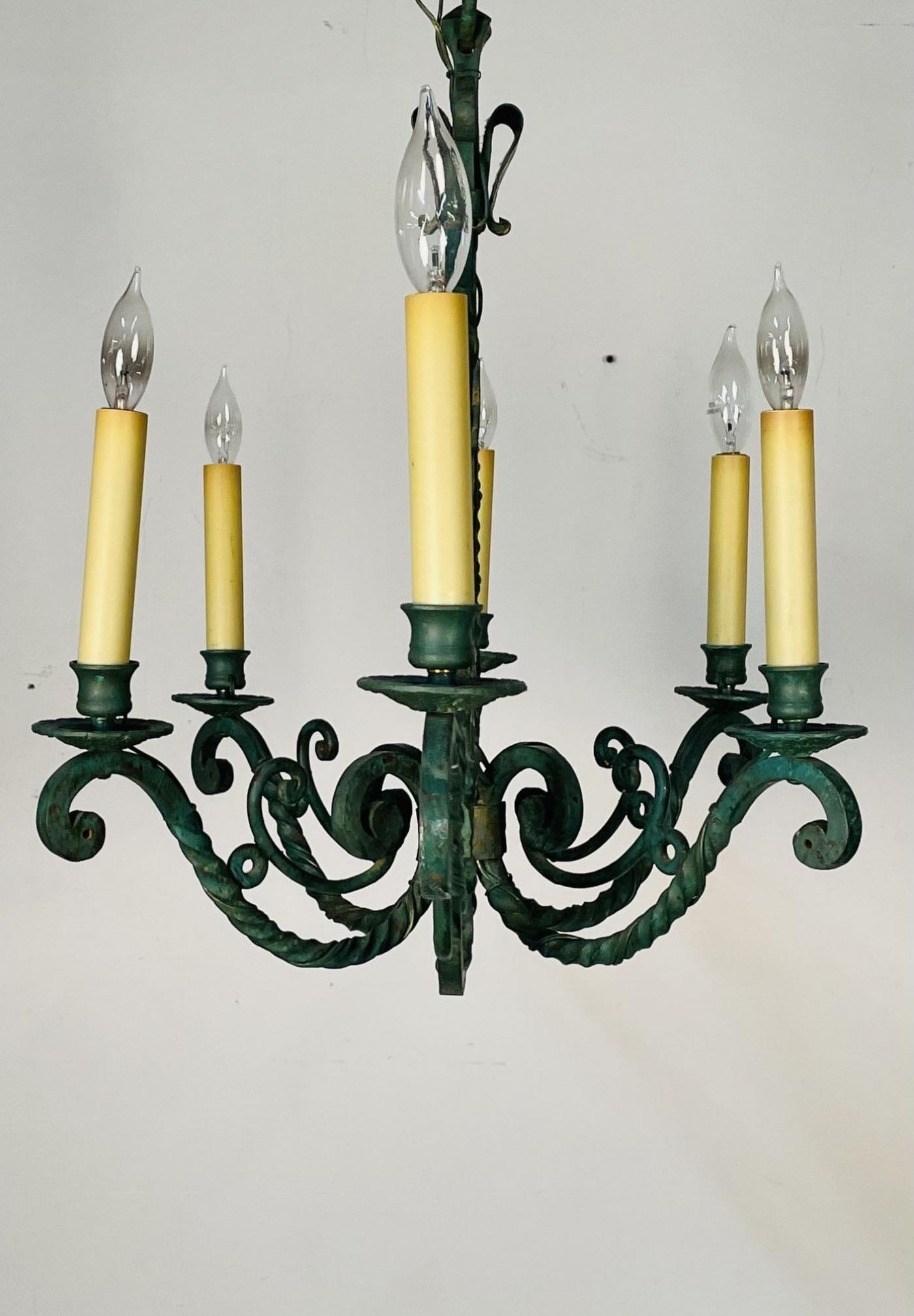 Wrought Iron Industrial Green Painted Chandelier, Circa 1930s - 10