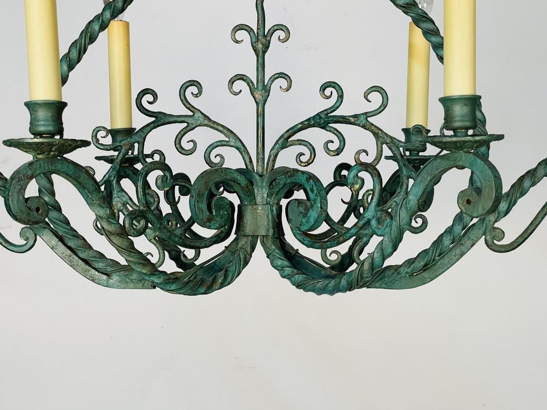 Wrought Iron Industrial Green Painted Chandelier, Circa 1930s - 12