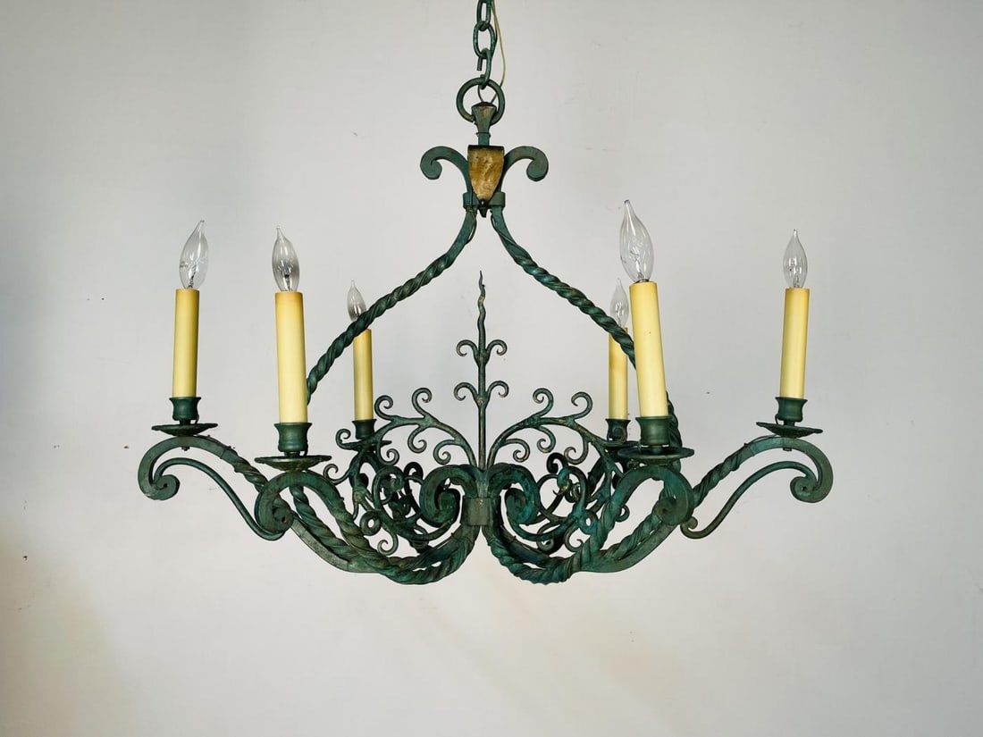 Wrought Iron Industrial Green Painted Chandelier, Circa 1930s - 3