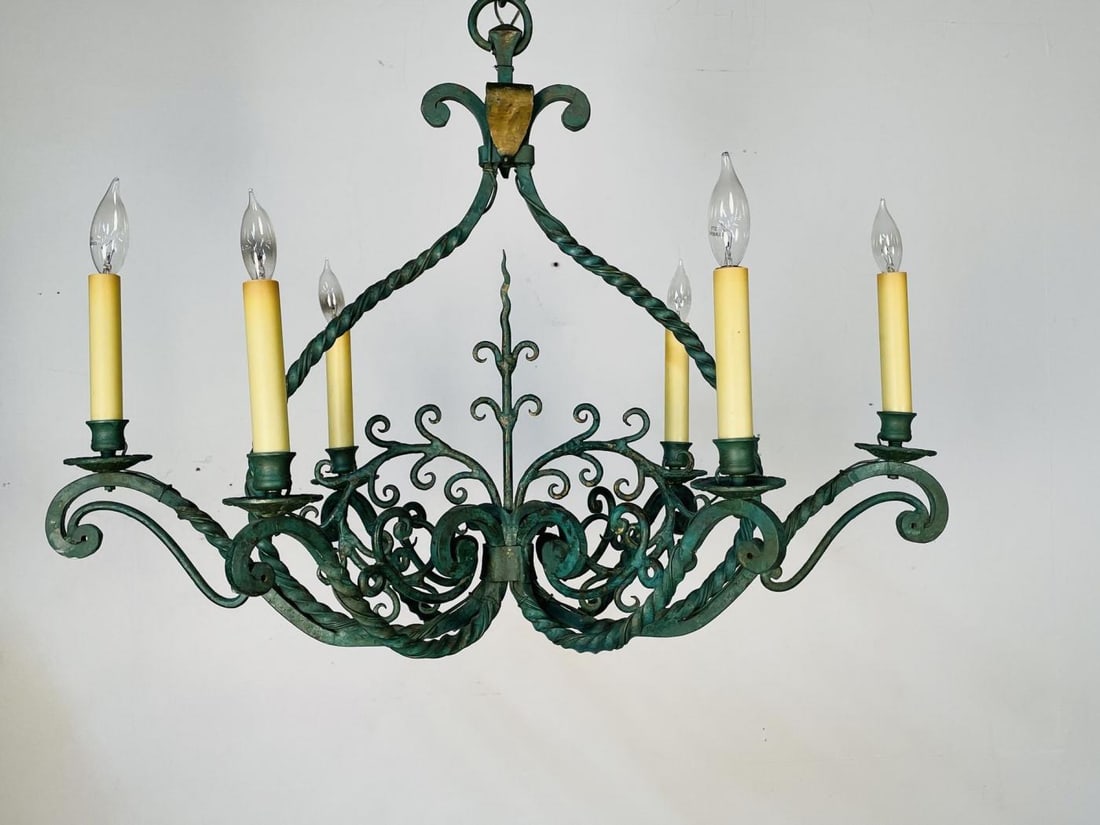 Wrought Iron Industrial Green Painted Chandelier, Circa 1930s - 4