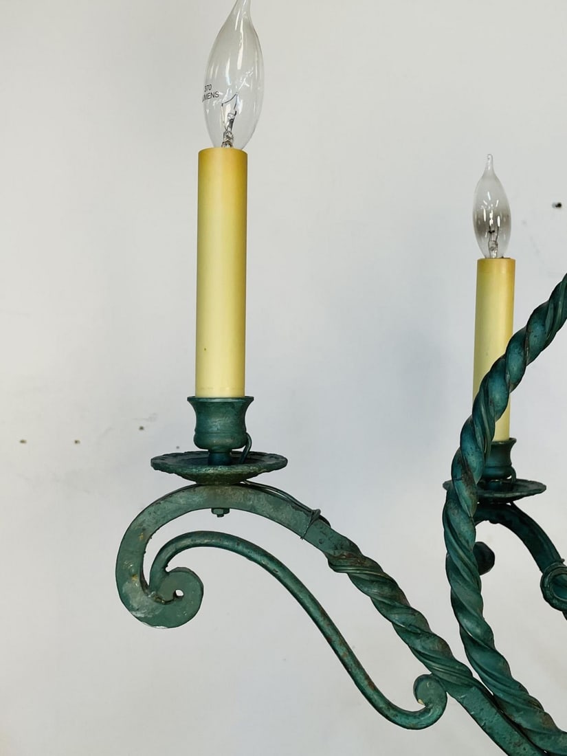 Wrought Iron Industrial Green Painted Chandelier, Circa 1930s - 6