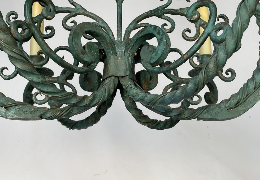 Wrought Iron Industrial Green Painted Chandelier, Circa 1930s - 7