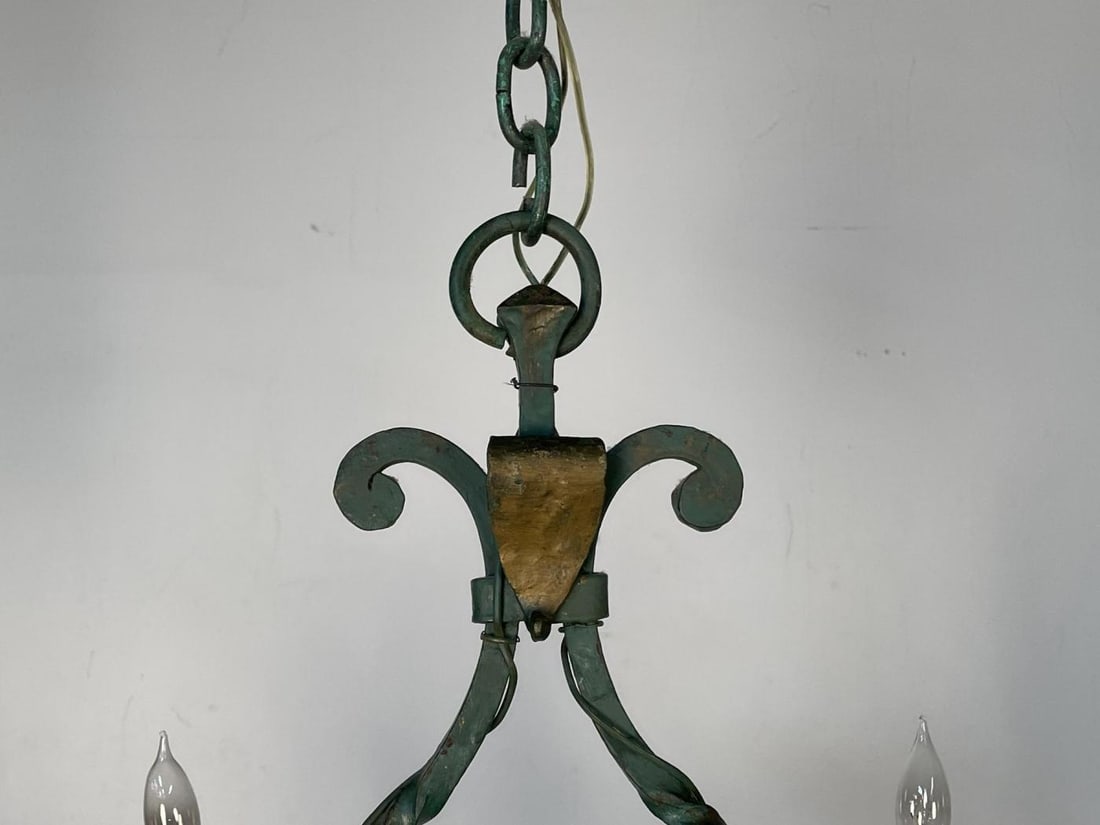 Wrought Iron Industrial Green Painted Chandelier, Circa 1930s - 8