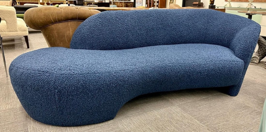 Mid-Century Modern Style Organic Form Kidney Shaped Cloud Sofa, Blue Boucle - 4