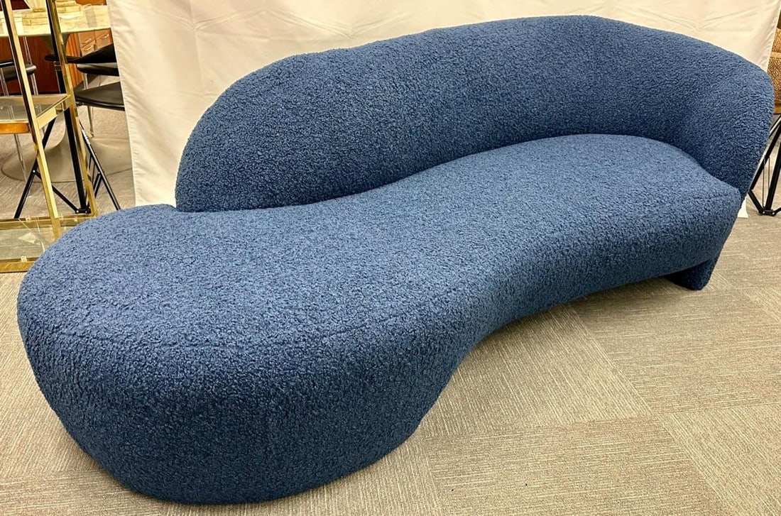 Mid-Century Modern Style Organic Form Kidney Shaped Cloud Sofa, Blue Boucle - 6