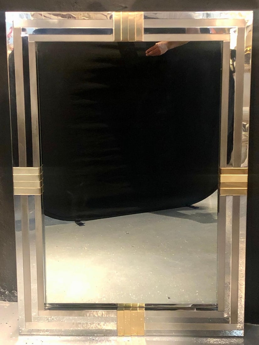 Steel and Brass Hollywood Regency Wall or Console Mirror Manner of Maison Jansen - 3