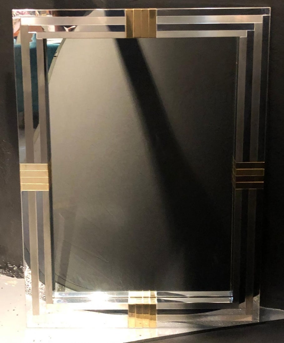 Steel and Brass Hollywood Regency Wall or Console Mirror Manner of Maison Jansen - 6