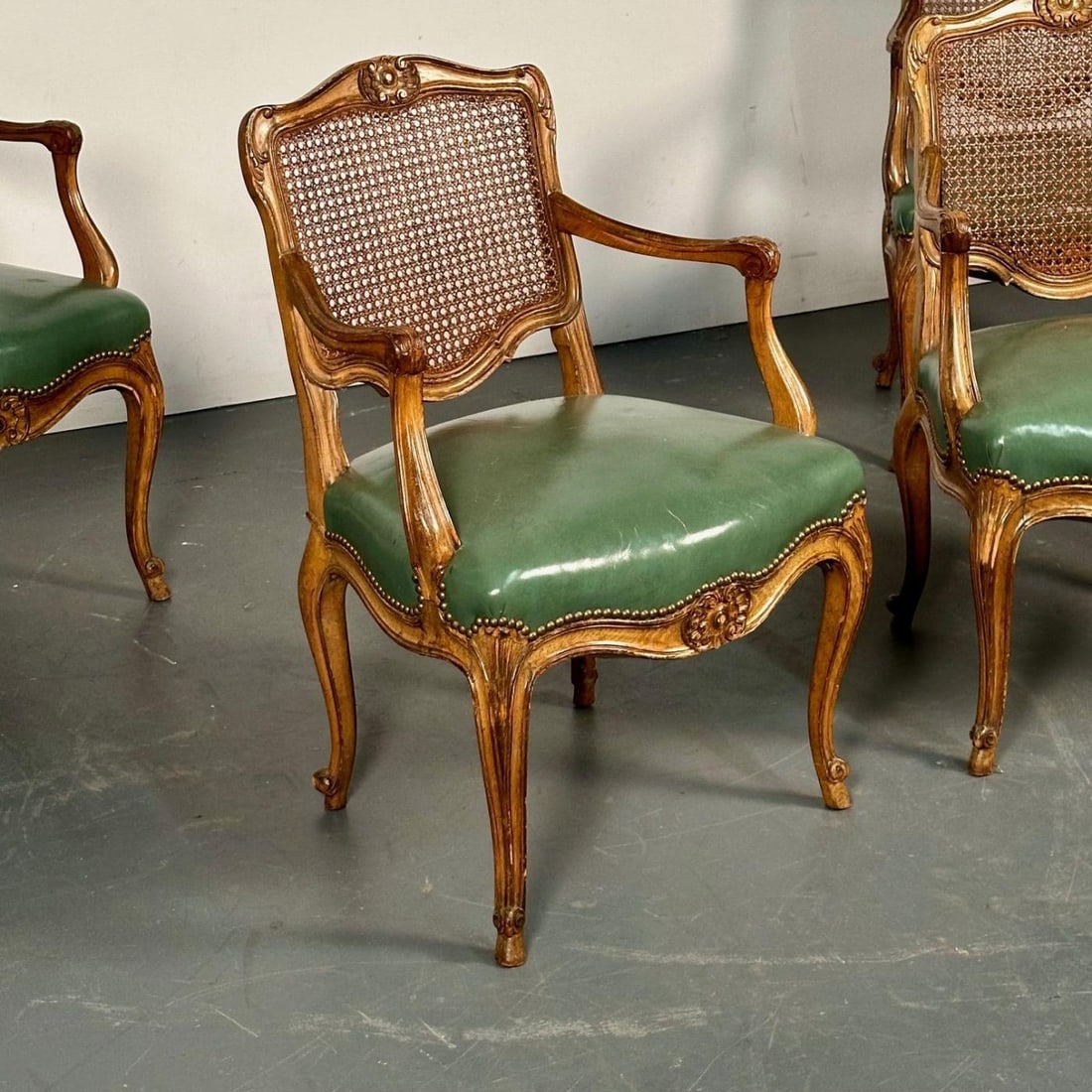 Four French Louis XV Style Fauteuils / Office Chairs, Cane and Leather - 10