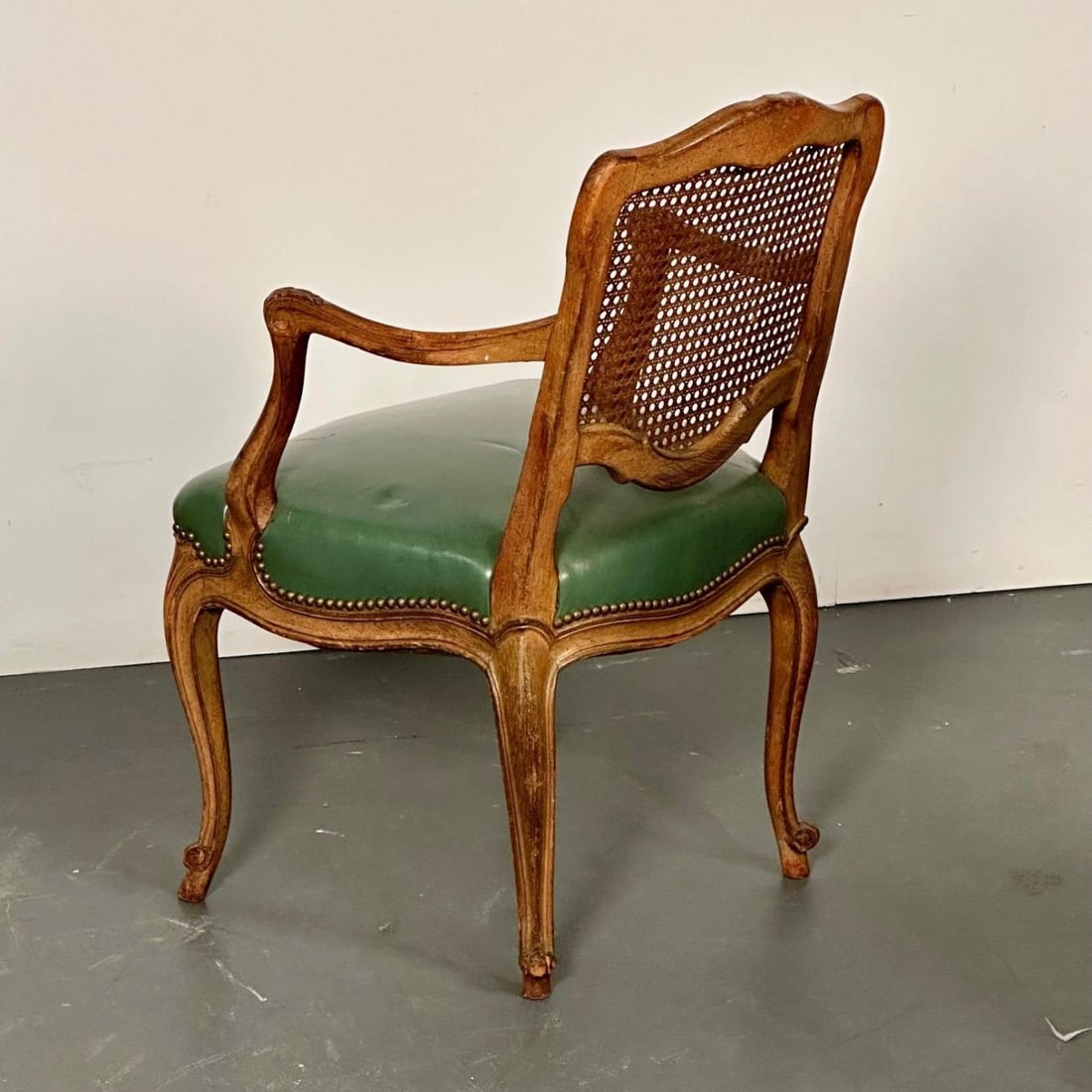 Four French Louis XV Style Fauteuils / Office Chairs, Cane and Leather - 11