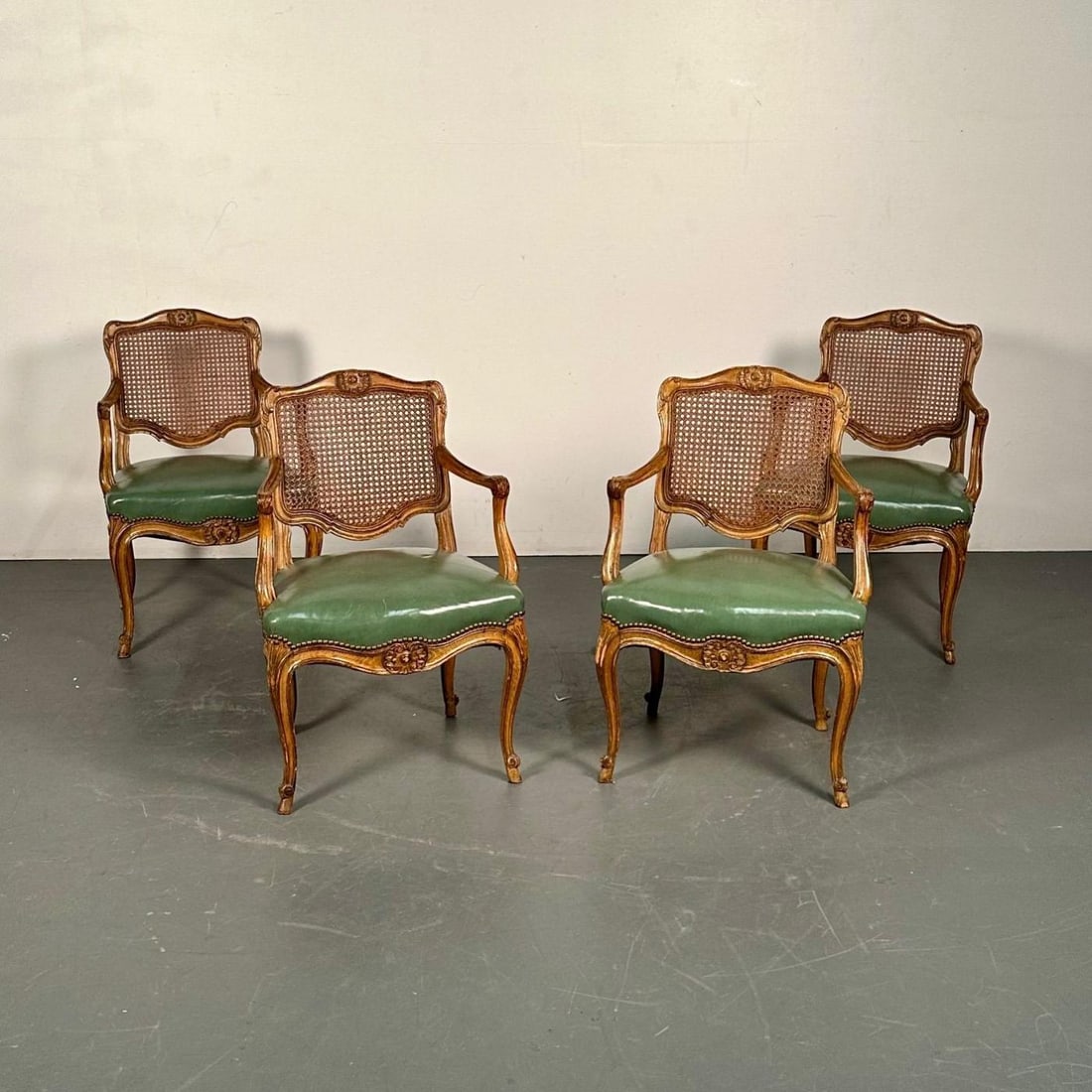 Four French Louis XV Style Fauteuils / Office Chairs, Cane and Leather - 3