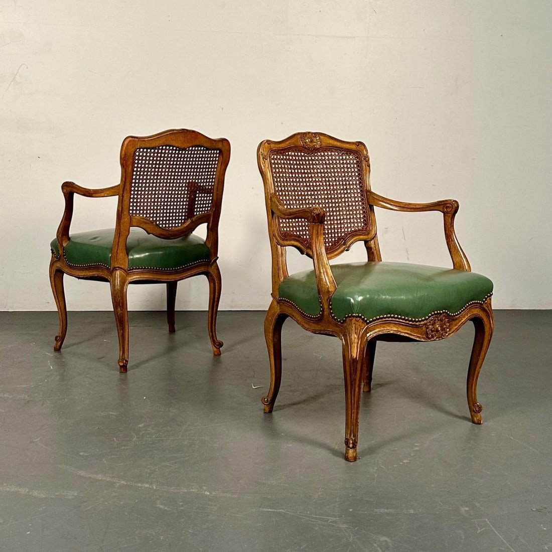 Four French Louis XV Style Fauteuils / Office Chairs, Cane and Leather - 4