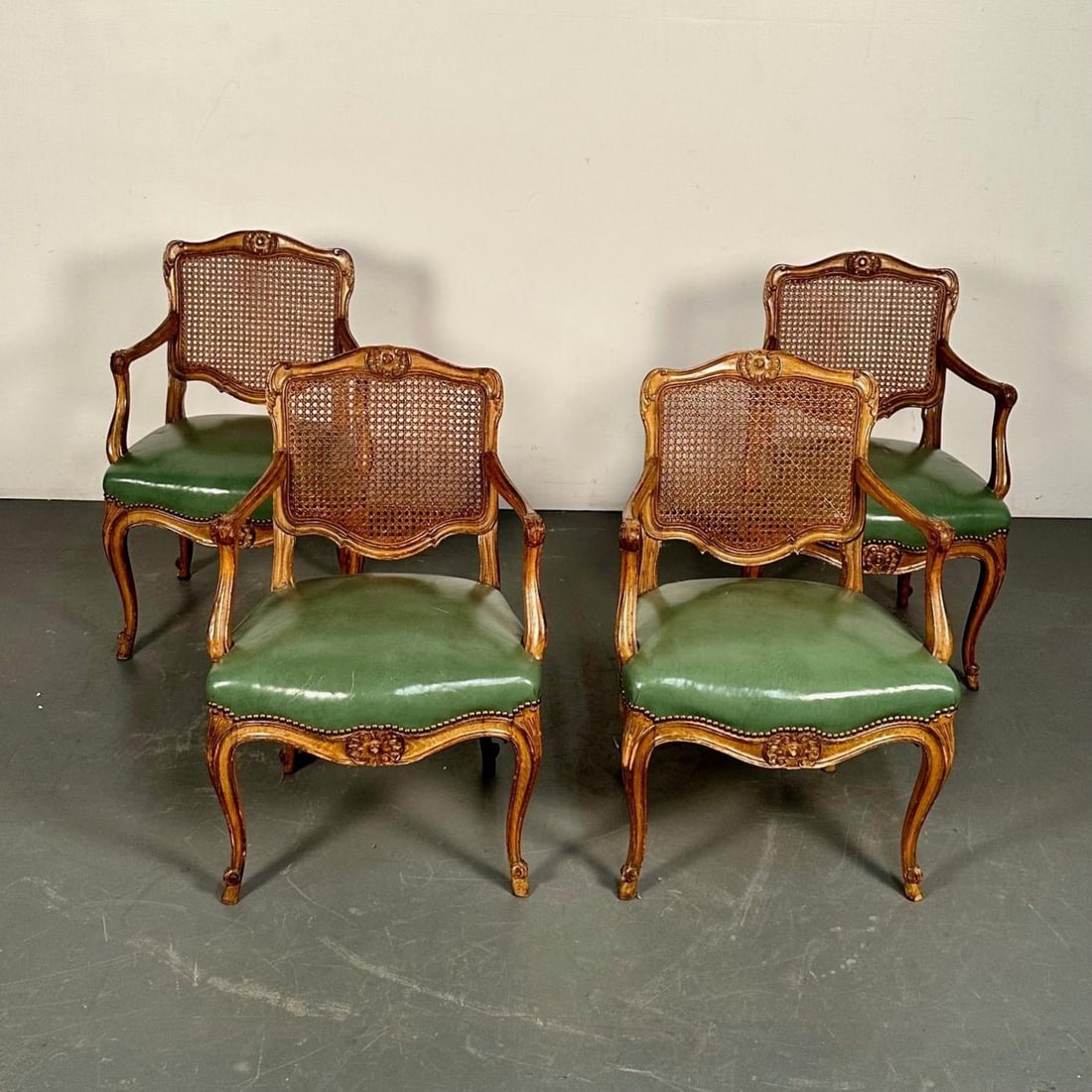 Four French Louis XV Style Fauteuils / Office Chairs, Cane and Leather - 5