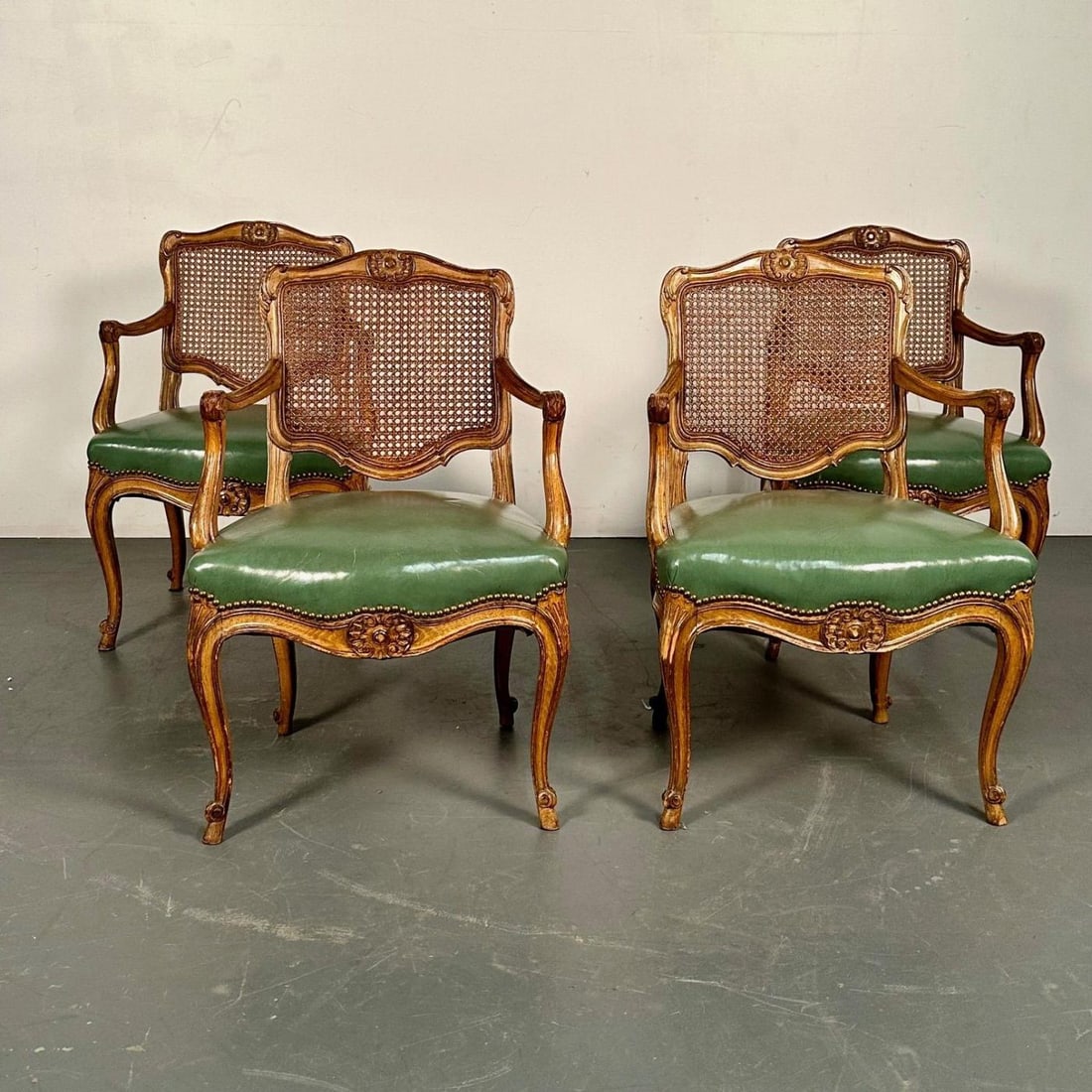 Four French Louis XV Style Fauteuils / Office Chairs, Cane and Leather - 6