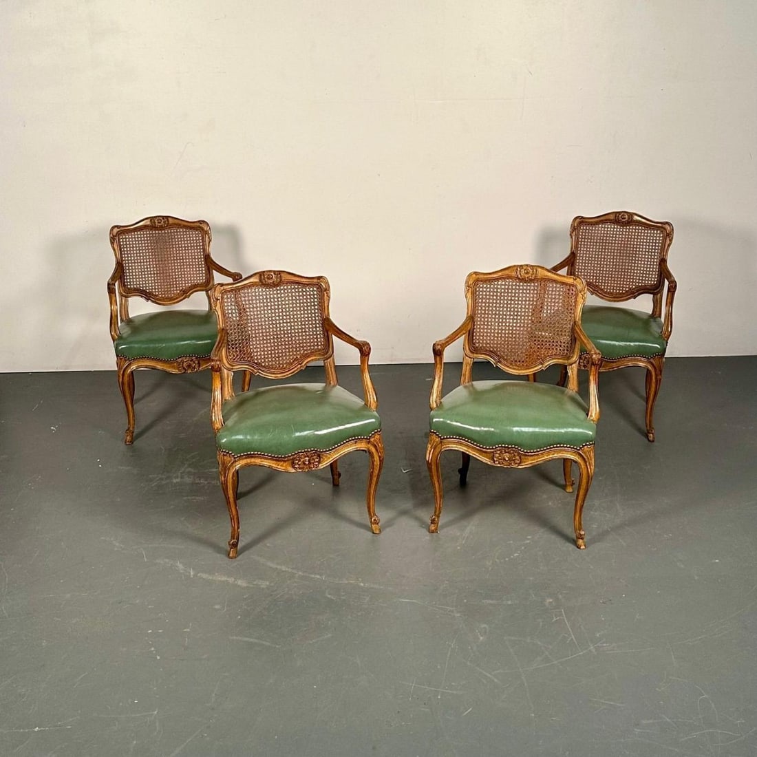 Four French Louis XV Style Fauteuils / Office Chairs, Cane and Leather - 8