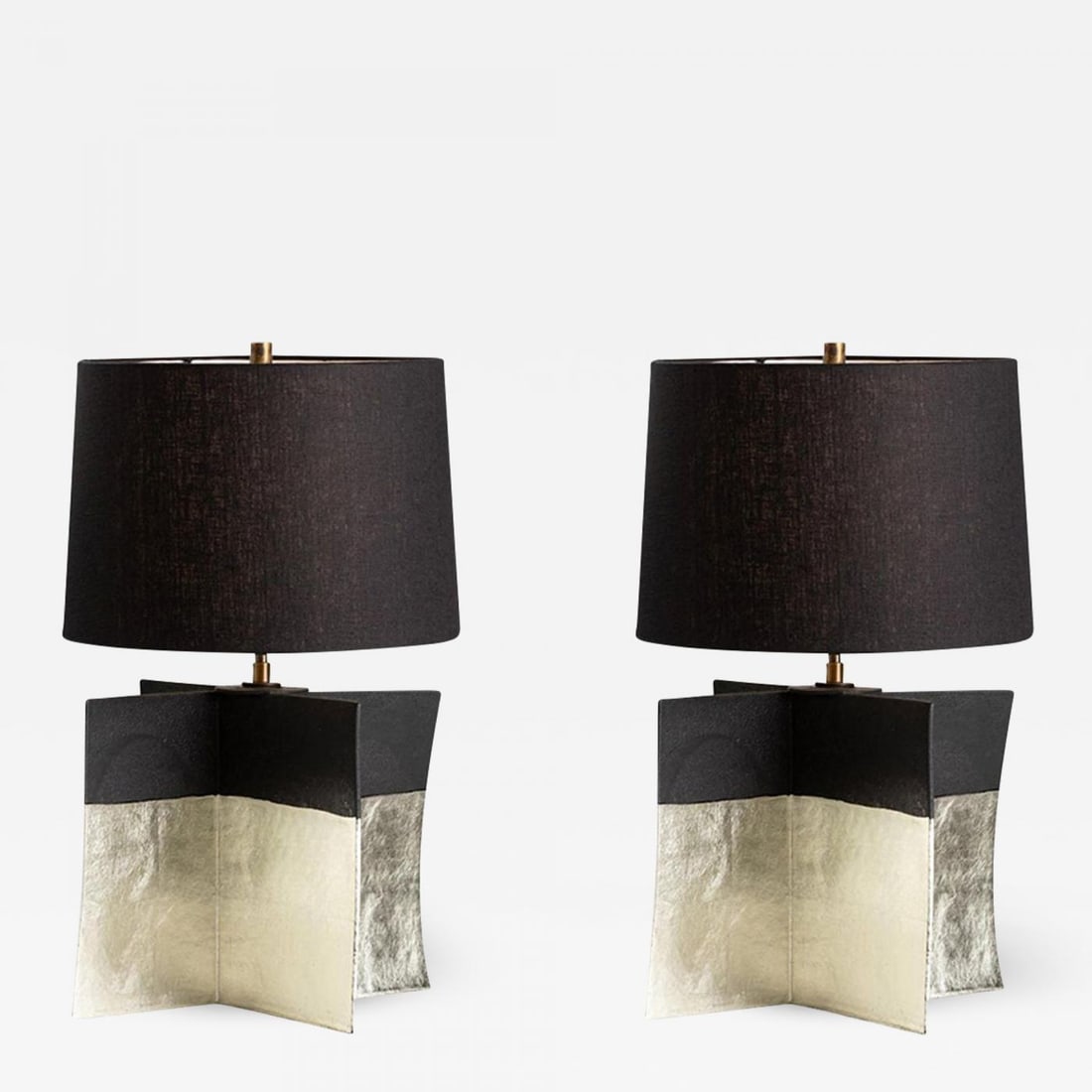 Pair Contemporary Stoneware Ceramic Croisillon Style Table / Desk Lamps, Glazed - 2