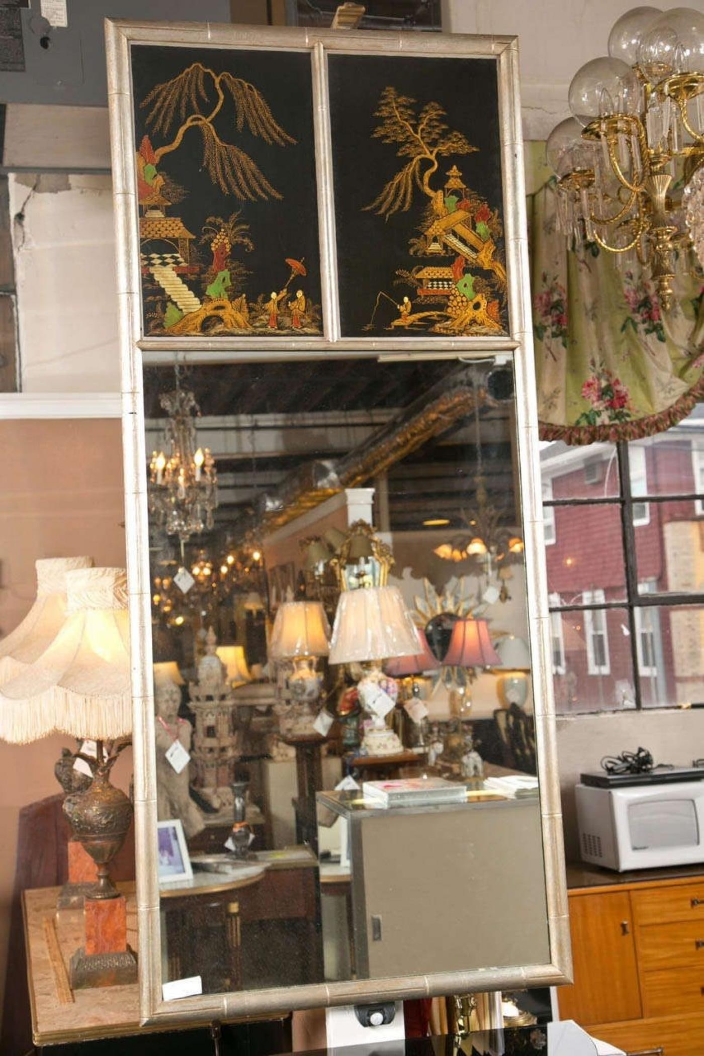 Chinoiserie Hand Painted Style Faux Silver Bamboo Mirror Decorative - 3