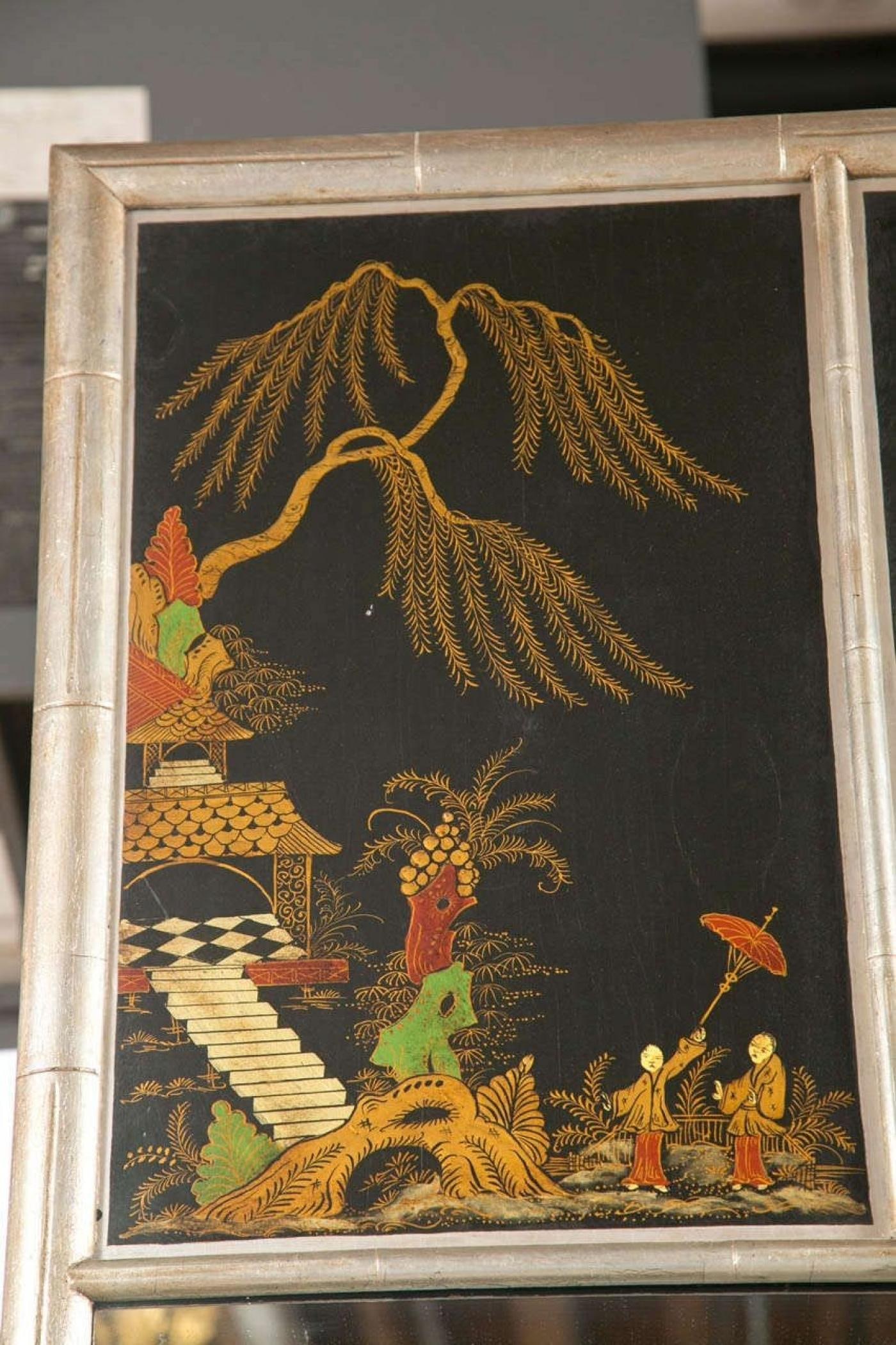 Chinoiserie Hand Painted Style Faux Silver Bamboo Mirror Decorative - 4