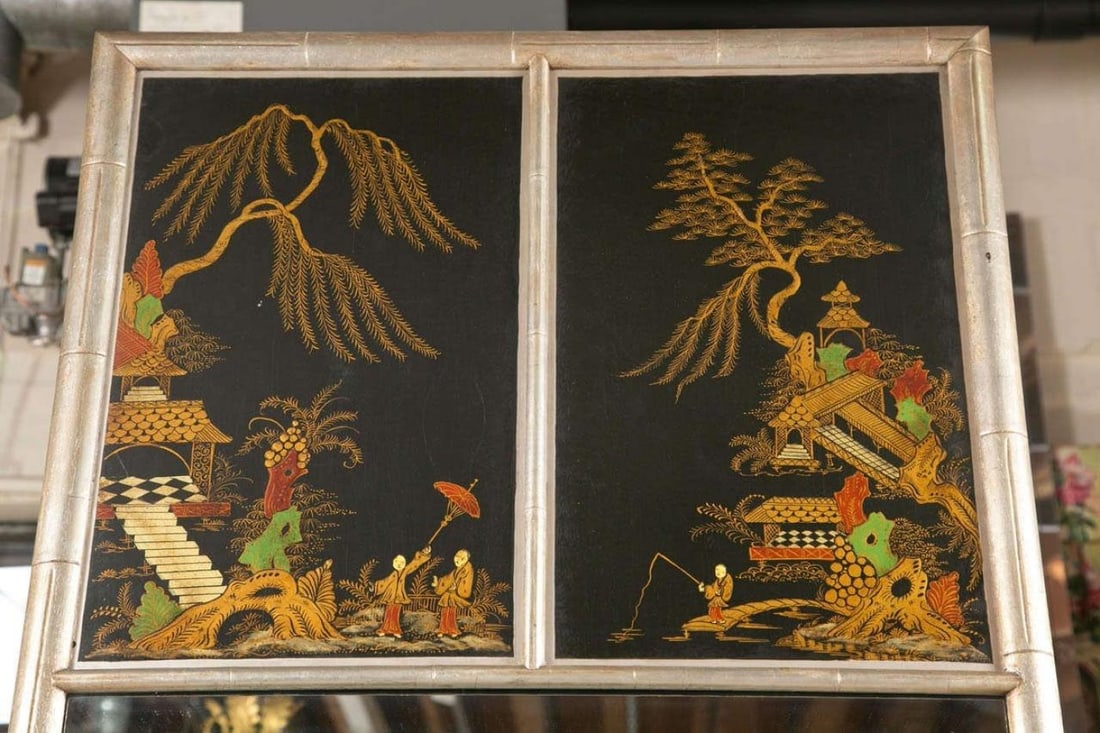 Chinoiserie Hand Painted Style Faux Silver Bamboo Mirror Decorative - 6