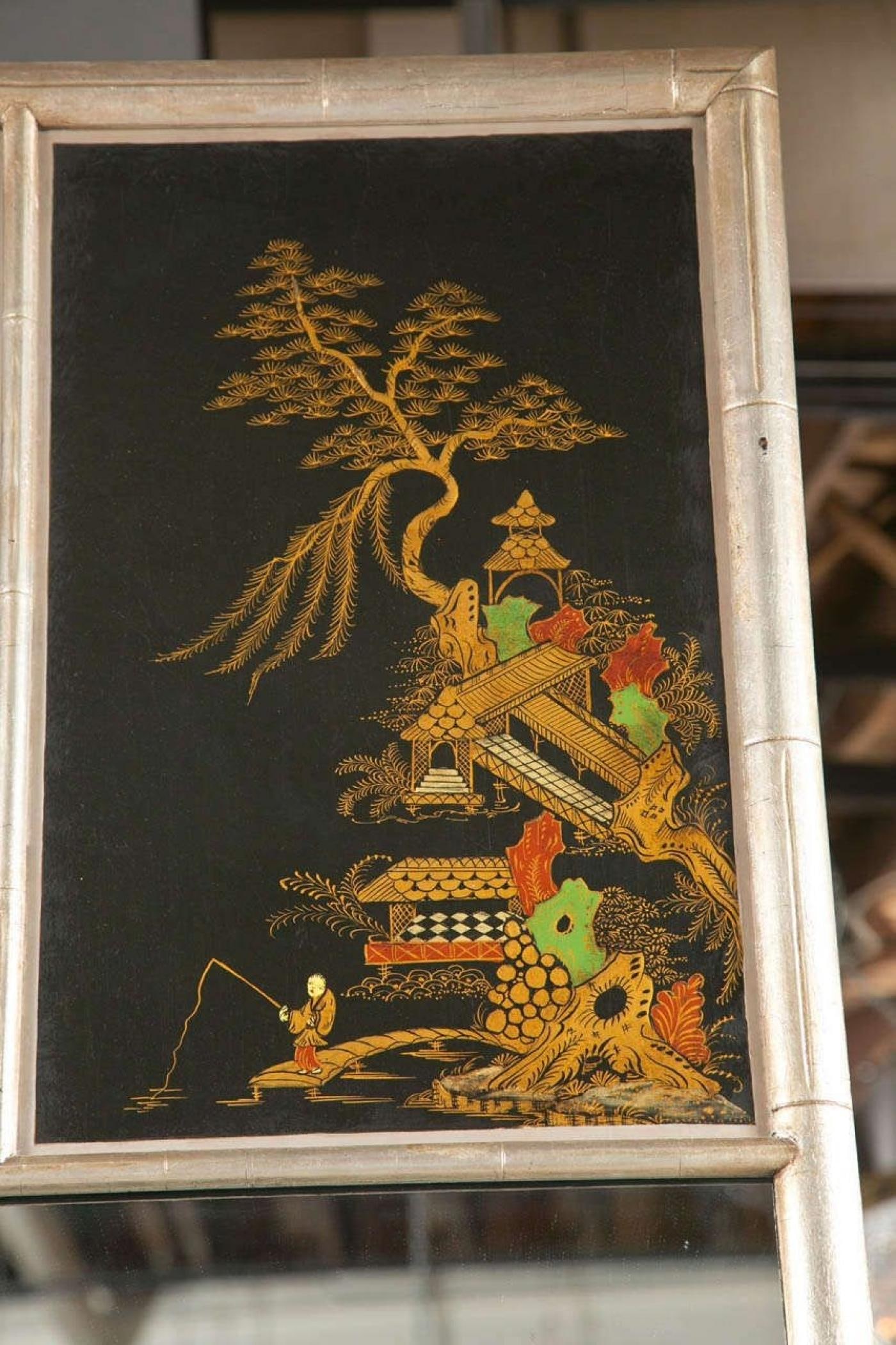 Chinoiserie Hand Painted Style Faux Silver Bamboo Mirror Decorative - 7