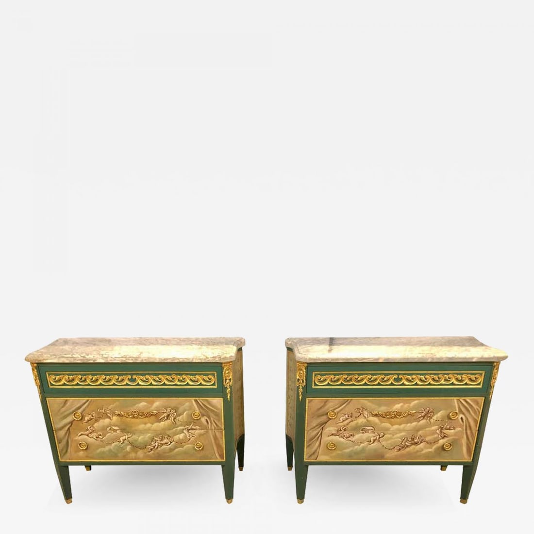 Paint Decorated Hollywood Regency Marble-Top Commodes Manner of M. Jansen, Pair (1 of 12)