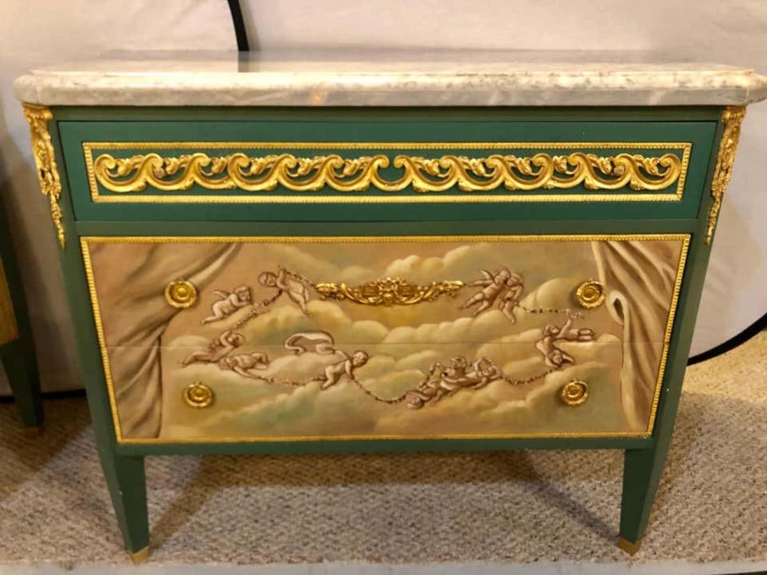 Paint Decorated Hollywood Regency Marble-Top Commodes Manner of M. Jansen, Pair - 3