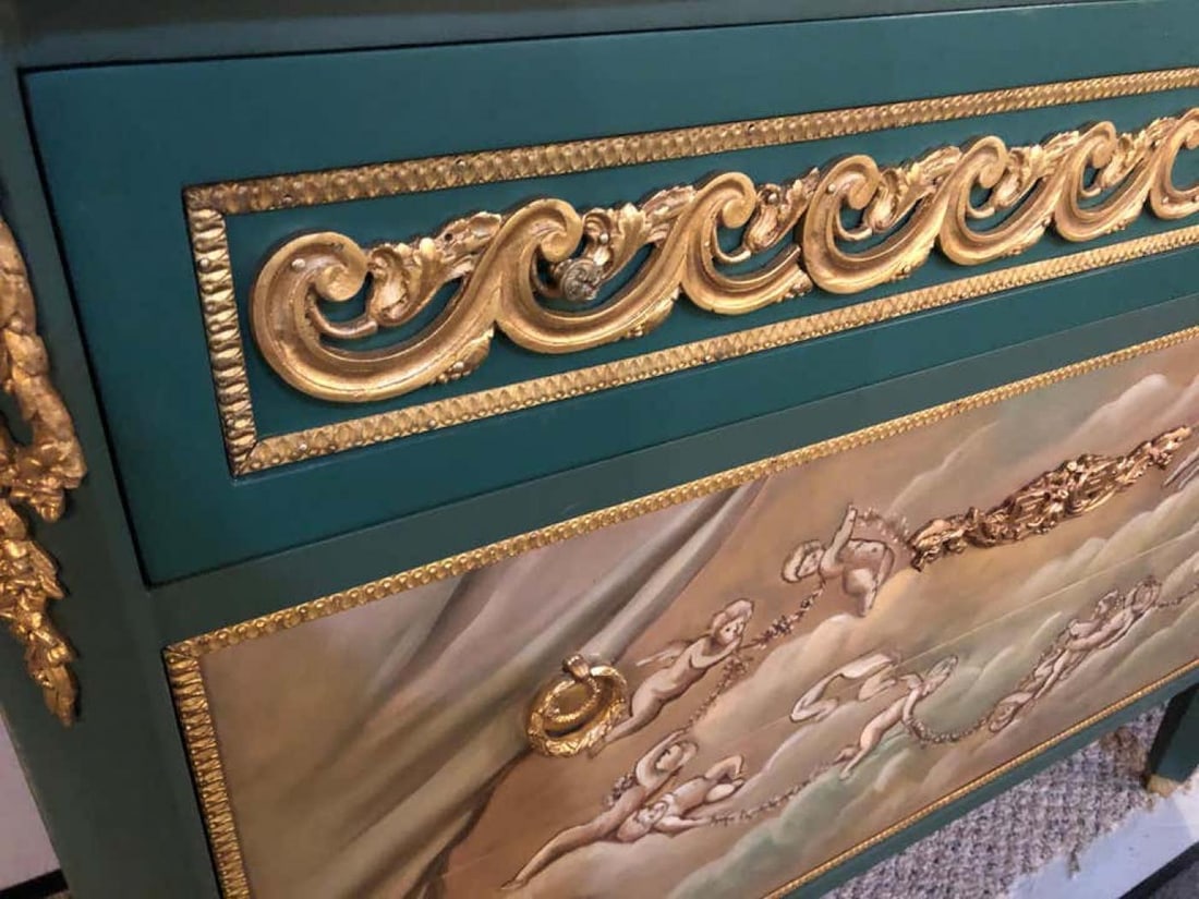 Paint Decorated Hollywood Regency Marble-Top Commodes Manner of M. Jansen, Pair - 9