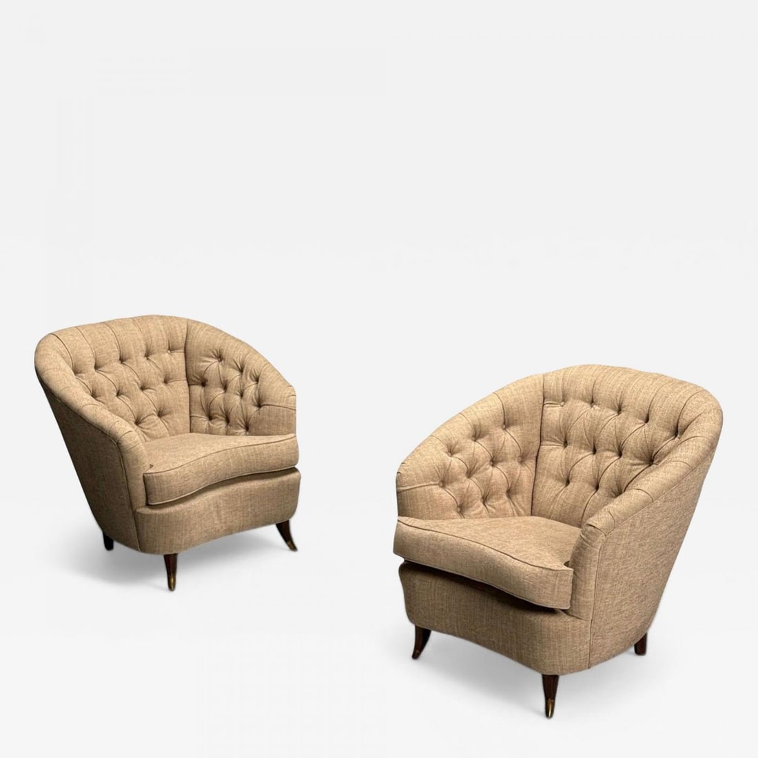 Gio Ponti, Italian Mid-Century Modern, Tufted Lounge Chairs, Beige Linen, 1950s (1 of 12)