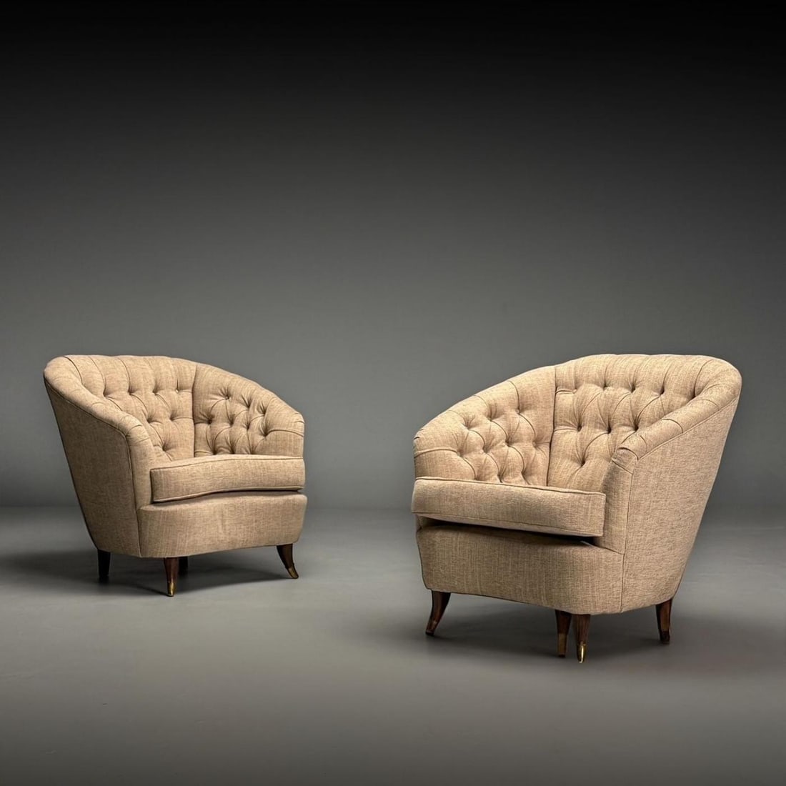 Gio Ponti, Italian Mid-Century Modern, Tufted Lounge Chairs, Beige Linen, 1950s - 3