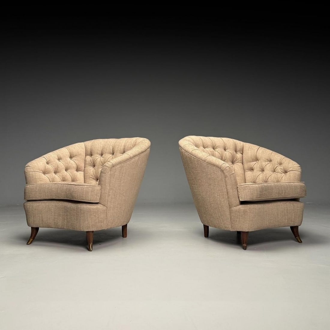 Gio Ponti, Italian Mid-Century Modern, Tufted Lounge Chairs, Beige Linen, 1950s - 4