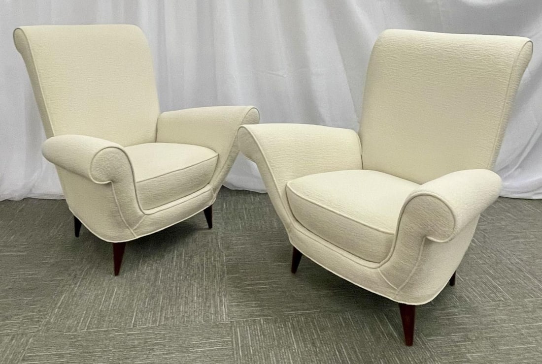 Mid-Century Modern Pair Lounge Chairs, Manner of Paolo Buffa, Bouclé - 4