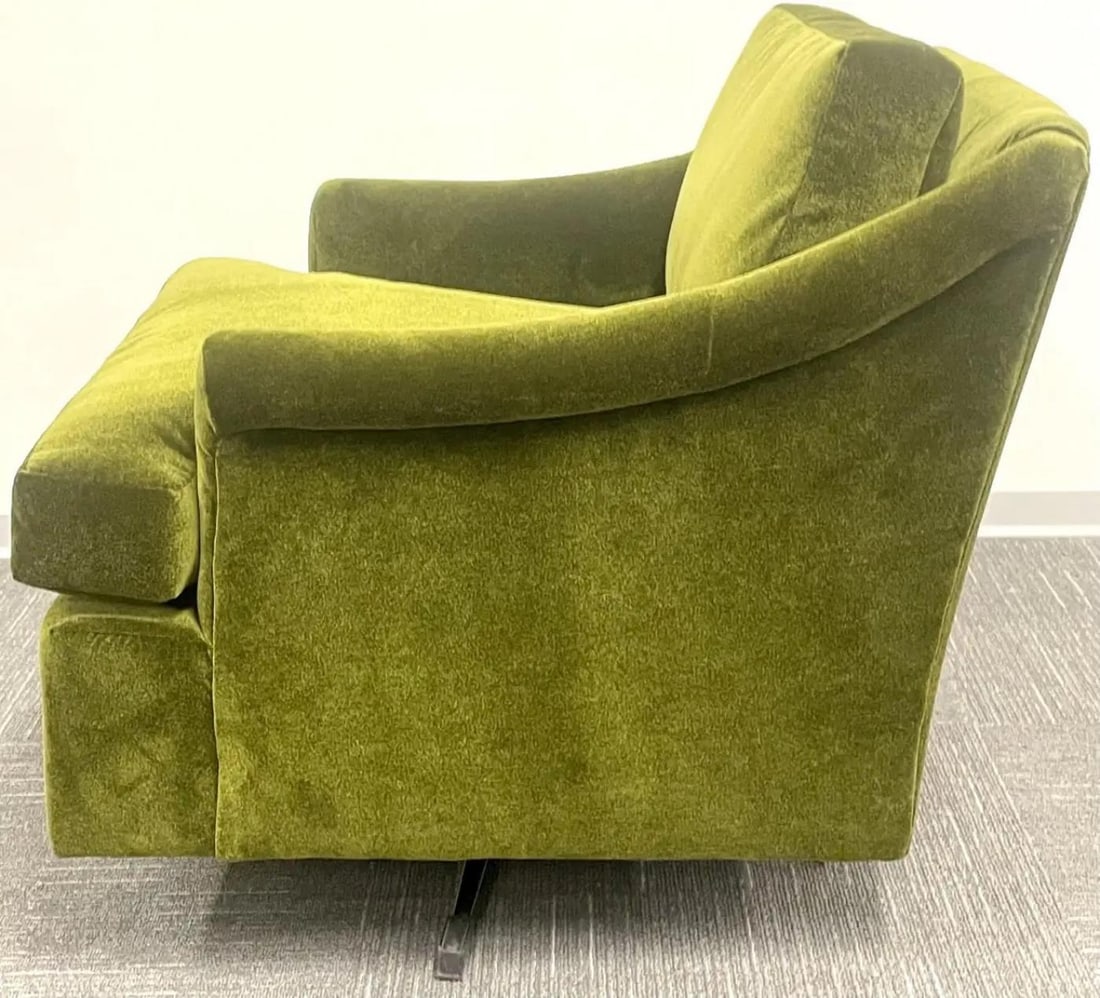 Pair Mid-Century Modern Swivel Arm, Lounge Chairs, Olive Green Velvet, American - 3