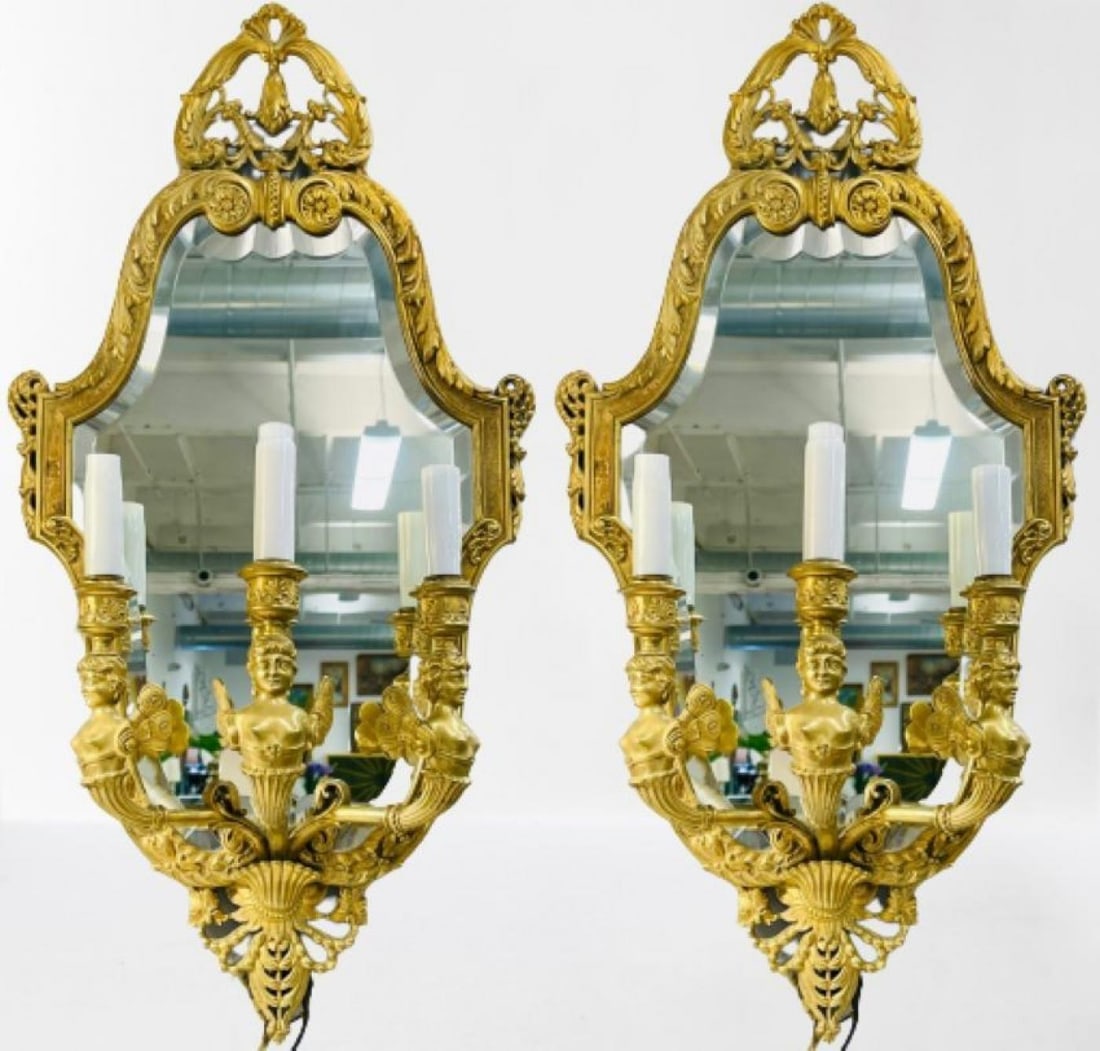 Pair Neoclassical Style Wall Sconces Bronze Three Arm Light with Fairy Figures - 3