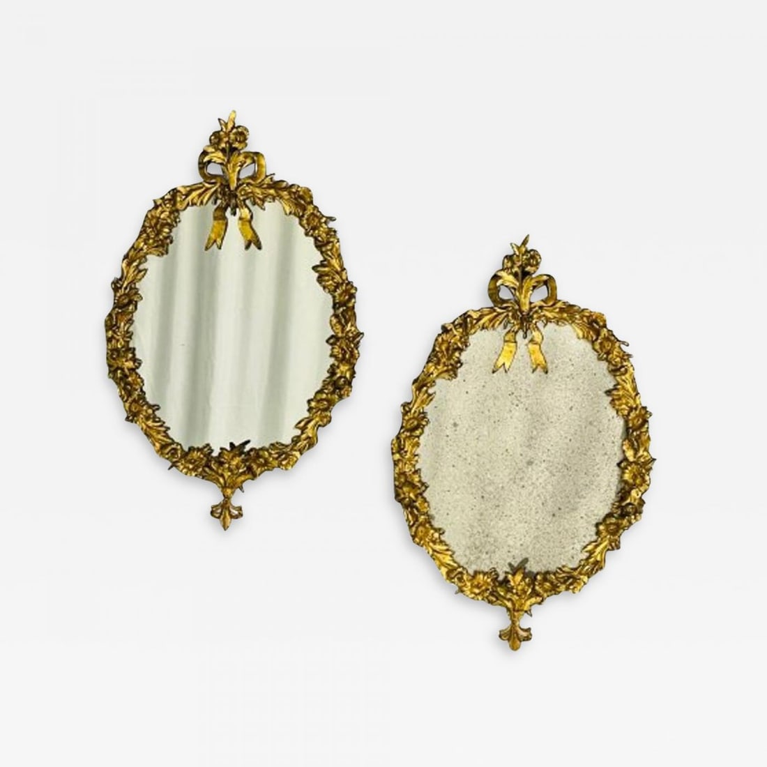 Louis XVI, Oval Wall Mirrors, Floral Motif, Bronze, Carved Wood, France, 19th C - 2