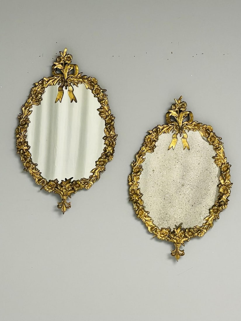 Louis XVI, Oval Wall Mirrors, Floral Motif, Bronze, Carved Wood, France, 19th C - 3