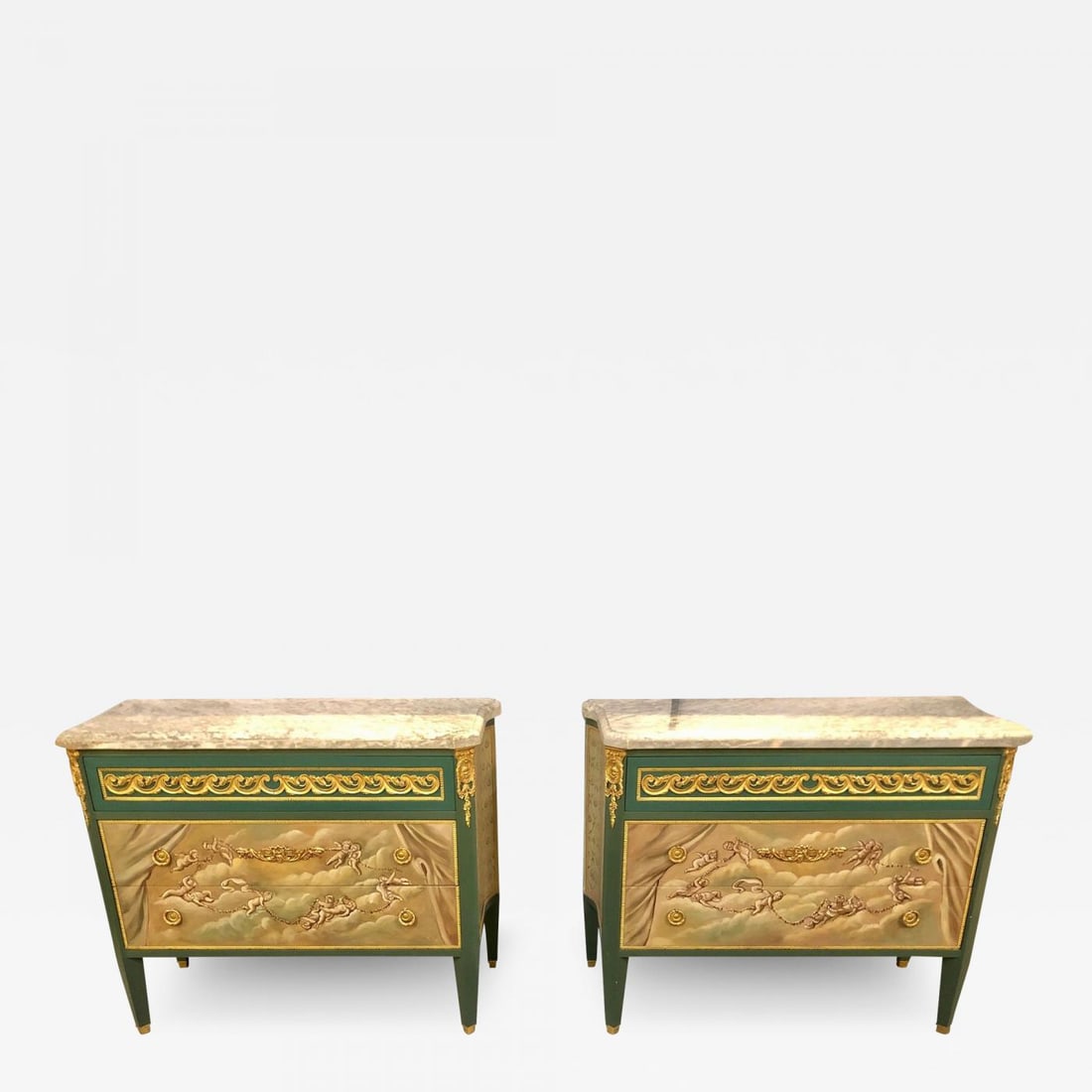 Paint Decorated Hollywood Regency Marble-Top Commodes Manner of M. Jansen, Pair - 2