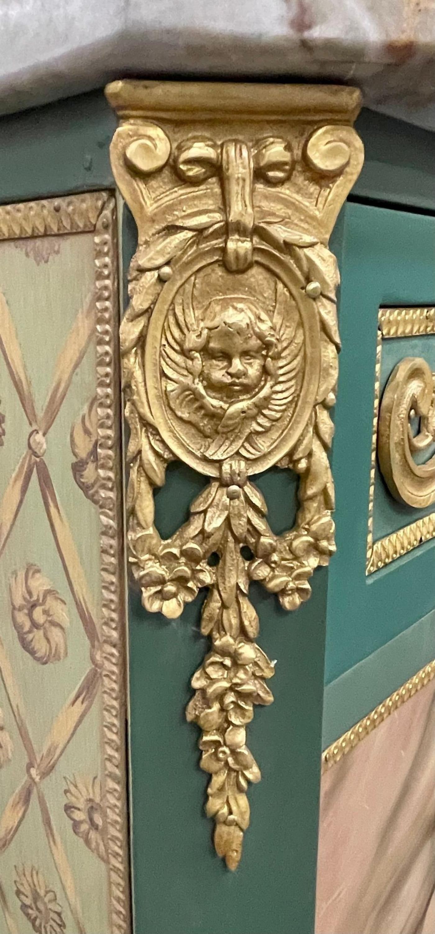 Paint Decorated Hollywood Regency Marble-Top Commodes Manner of M. Jansen, Pair - 9