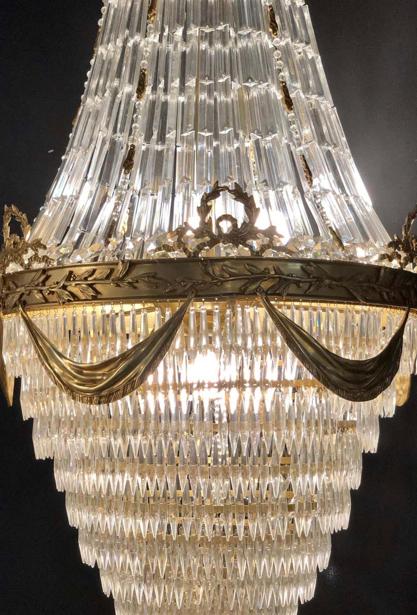 Pair of Palatial Bronze and Crystal Swag Design Louis XVI Style Chandeliers - 5