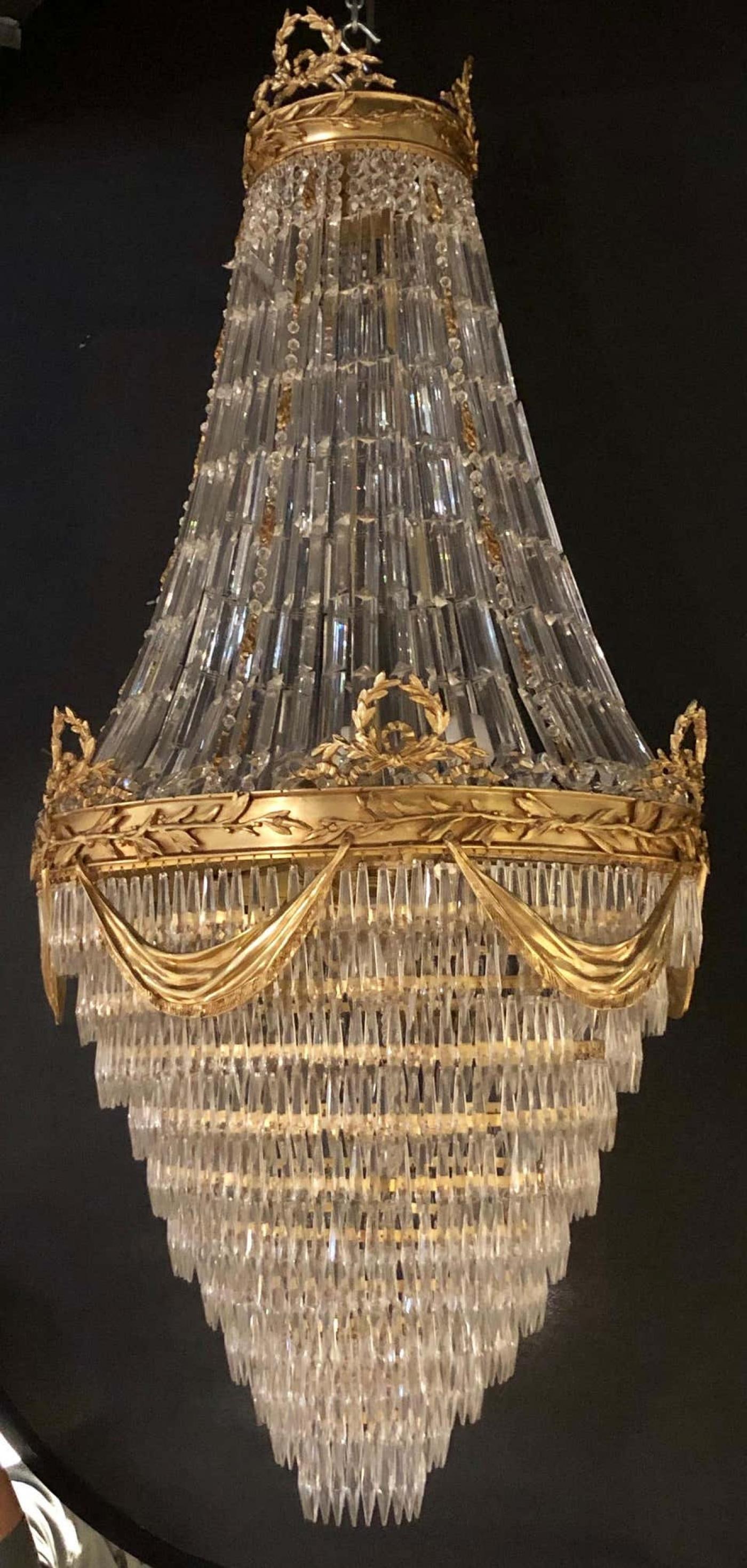 Pair of Palatial Bronze and Crystal Swag Design Louis XVI Style Chandeliers - 7