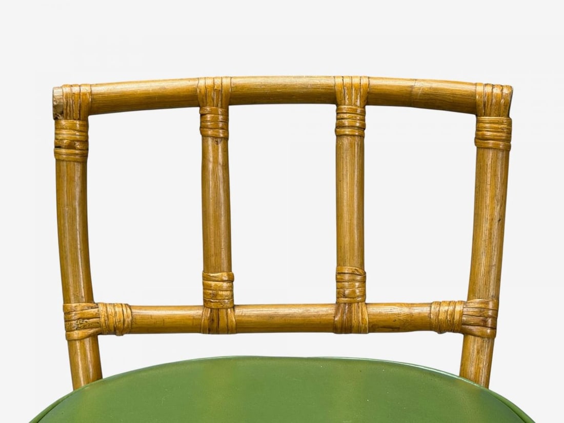 Dutch Modern, Bamboo, Green Leather, Five Barstools, Netherlands, 1970s - 12