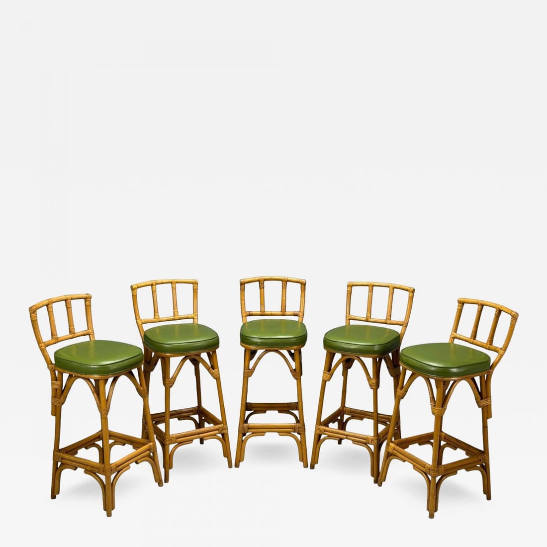 Dutch Modern, Bamboo, Green Leather, Five Barstools, Netherlands, 1970s - 2