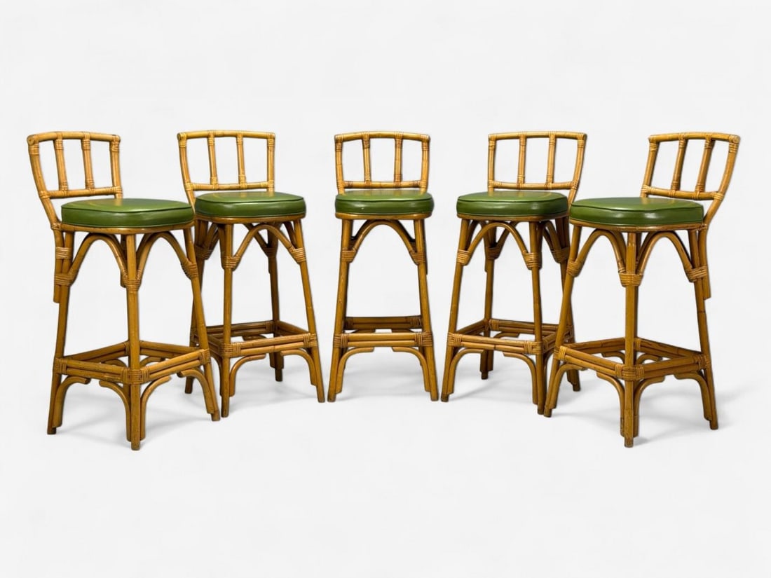 Dutch Modern, Bamboo, Green Leather, Five Barstools, Netherlands, 1970s - 3
