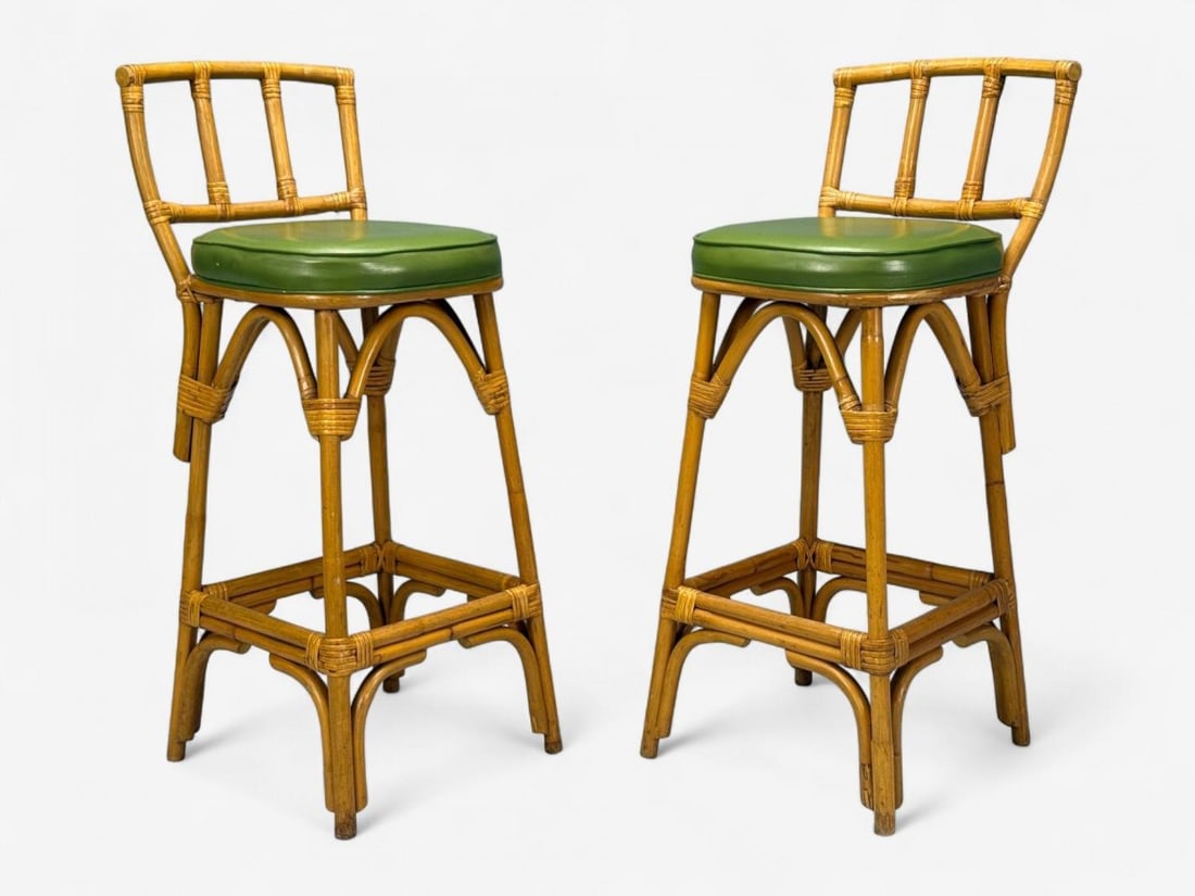 Dutch Modern, Bamboo, Green Leather, Five Barstools, Netherlands, 1970s - 4