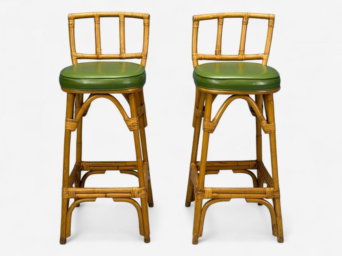 Dutch Modern, Bamboo, Green Leather, Five Barstools, Netherlands, 1970s - 5