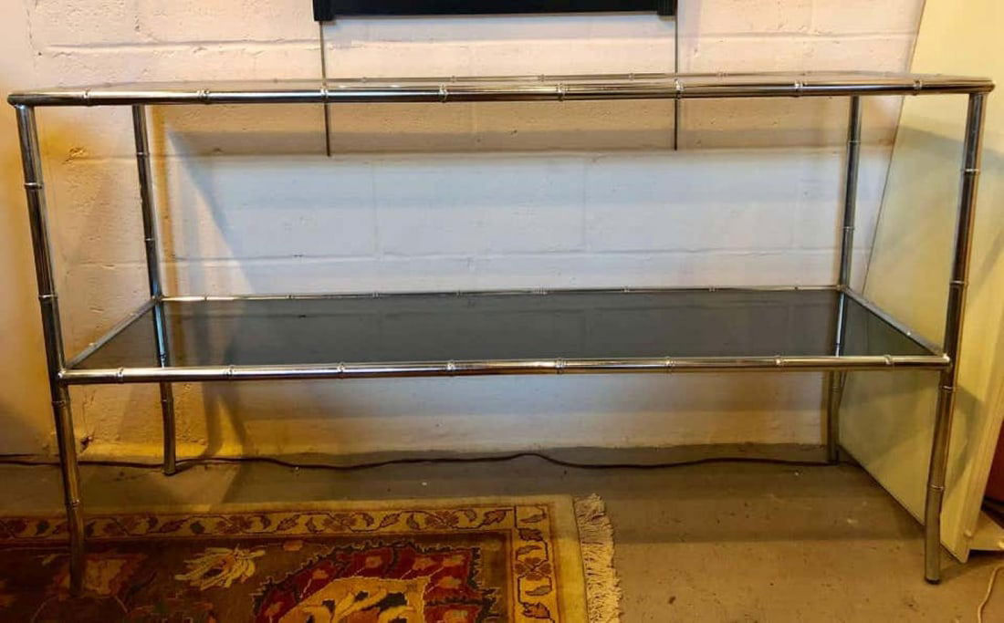 Faux Bamboo Chrome Two-Tier Console Table with Smoke Glass Tops Manner of Jansen - 3