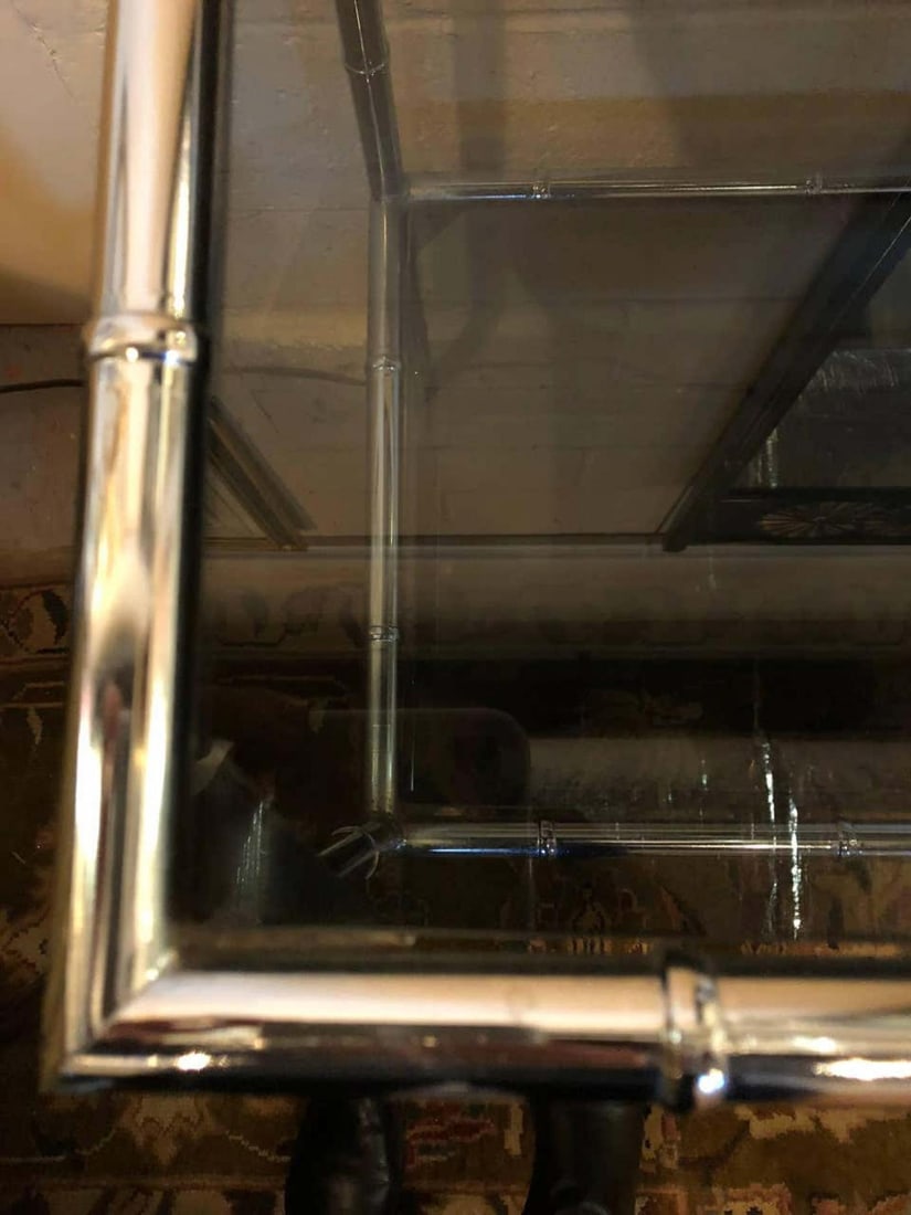 Faux Bamboo Chrome Two-Tier Console Table with Smoke Glass Tops Manner of Jansen - 7