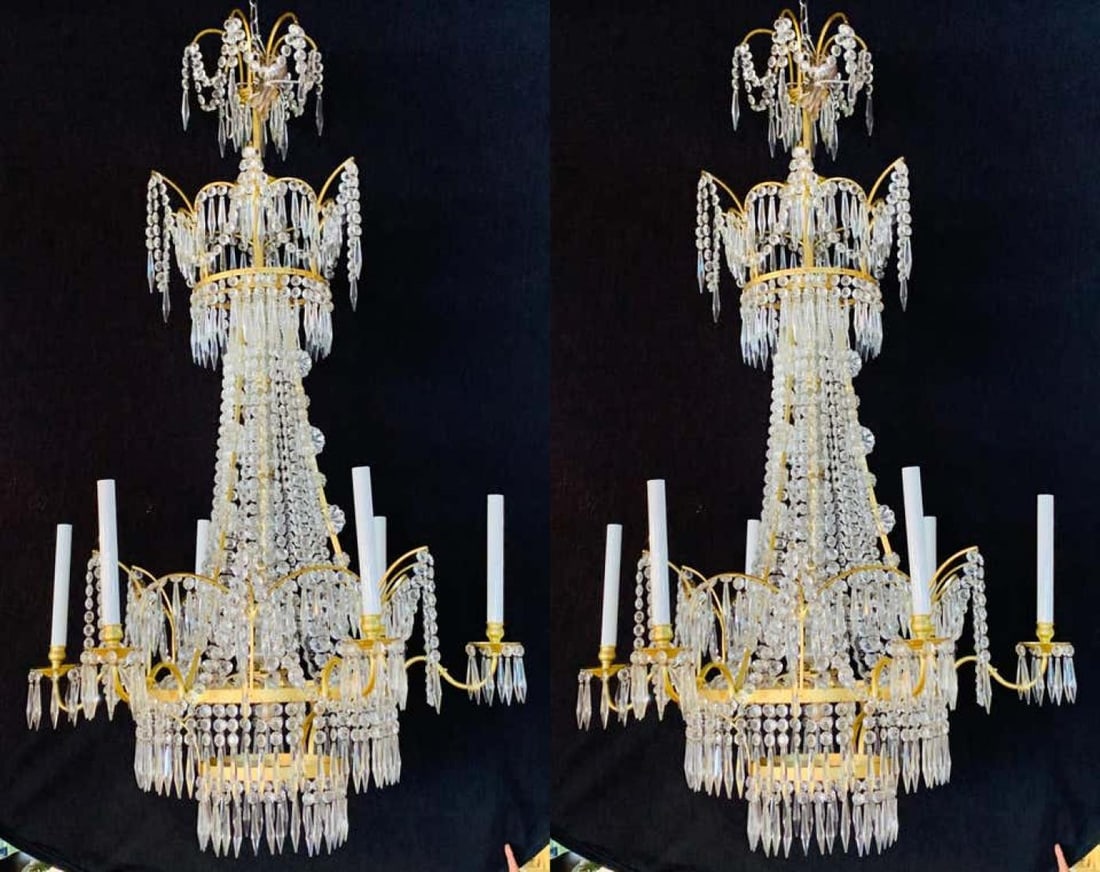Pair of Russian Neoclassical Style Bronze and Crystal 7-Light Chandeliers - 3