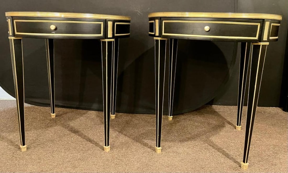 Hollywood Regency Ebony Bouillotte or End Tables, Manner Jansen Mirror Tops Pair - 7